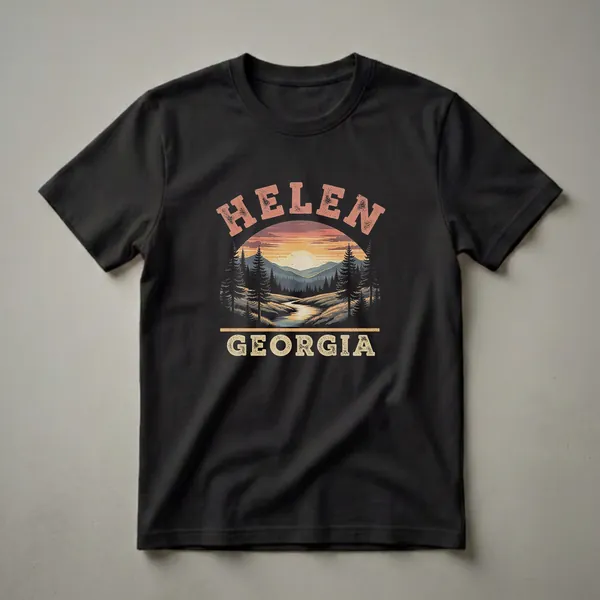 Black t-shirt with a retro graphic design featuring the words 'HELEN GEORGIA' above and below a scenic mountain landscape with a river and sunset.