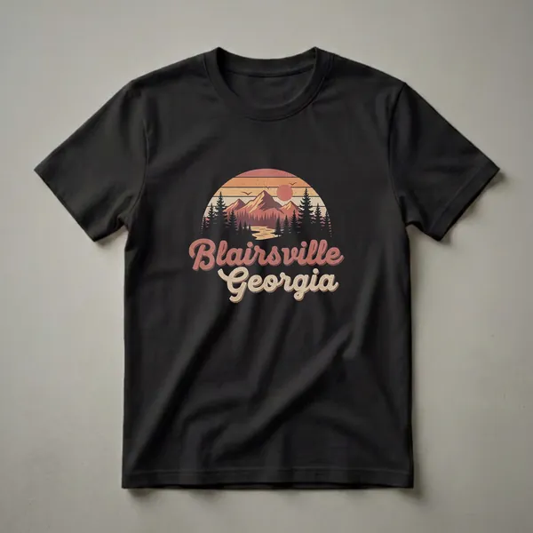 Black t-shirt featuring a retro graphic design of Blairsville, Georgia with a sunset, mountains, river, and pine trees.
