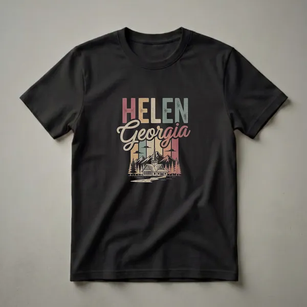 A black t-shirt featuring a retro graphic design with the words 'HELEN Georgia' above a building with a steeple, mountains, and pine trees, set against a striped, muted color background.