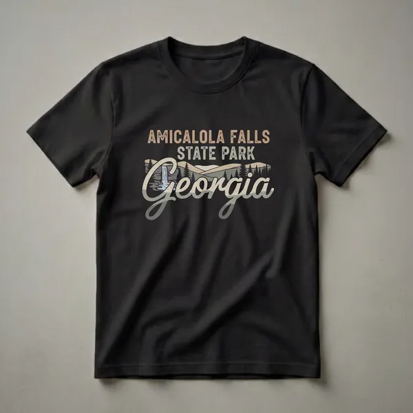 Black t-shirt with a retro graphic of Amicalola Falls State Park in Georgia, featuring a waterfall, pine trees, and rolling hills.