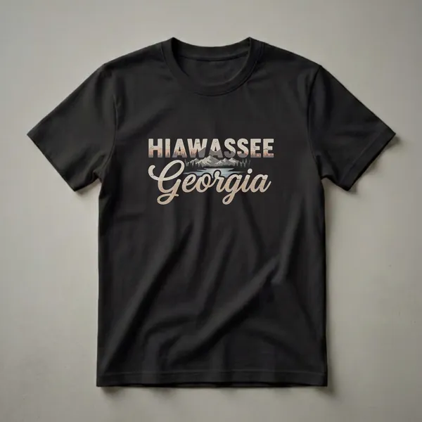 Black t-shirt with a retro graphic design that reads 'Hiawassee Georgia' over a stylized mountain range, pine trees, and a lake.