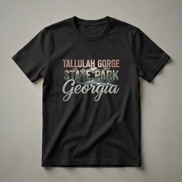 Black t-shirt with a retro graphic design featuring the words "TALLULAH GORGE STATE PARK Georgia" over a landscape of mountains, pine trees, and a river with a waterfall.
