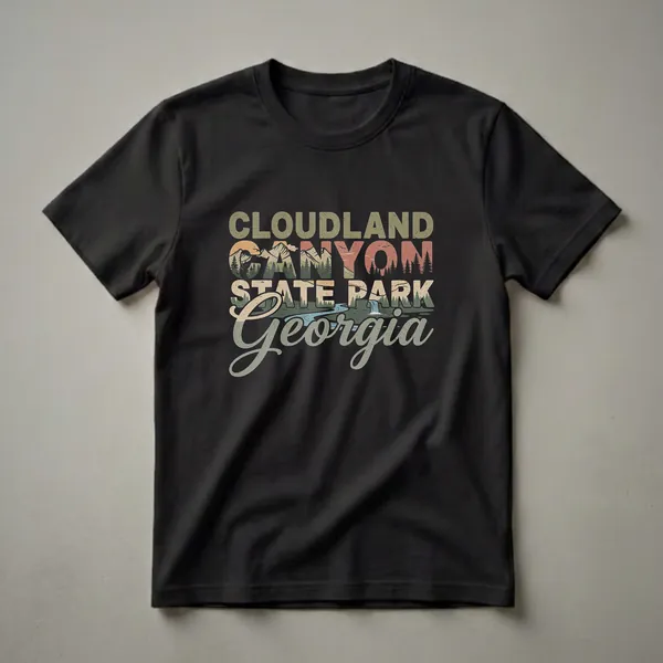 Black t-shirt with a retro graphic design for Cloudland Canyon State Park, Georgia, featuring mountains, trees, a river, and a waterfall.