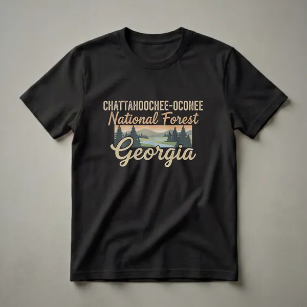 Black t-shirt with a retro graphic design featuring the text 'CHATTAHOOCHEE-OCONEE National Forest Georgia' over a landscape of pine trees, a river, and rolling hills.