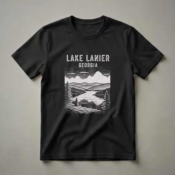 Black t-shirt with a vintage white graphic depicting Lake Lanier, Georgia, showing rolling hills, pine trees, a lake, and clouds.