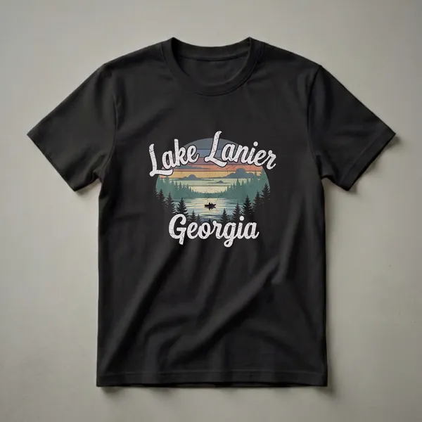 Black t-shirt with a retro graphic design of Lake Lanier, Georgia, featuring a sunset, pine trees, and a boat with two people fishing on the water.