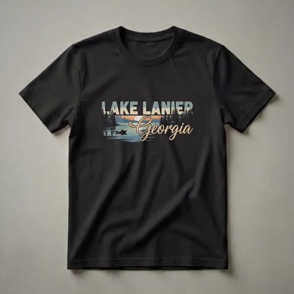 A black t-shirt featuring a retro graphic design of Lake Lanier, Georgia, with a sunset, trees, and a fishing boat on the water.