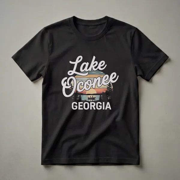 Black t-shirt with a retro graphic design of Lake Oconee, Georgia, featuring a sunset over the water, a fishing boat with two people, and pine trees.