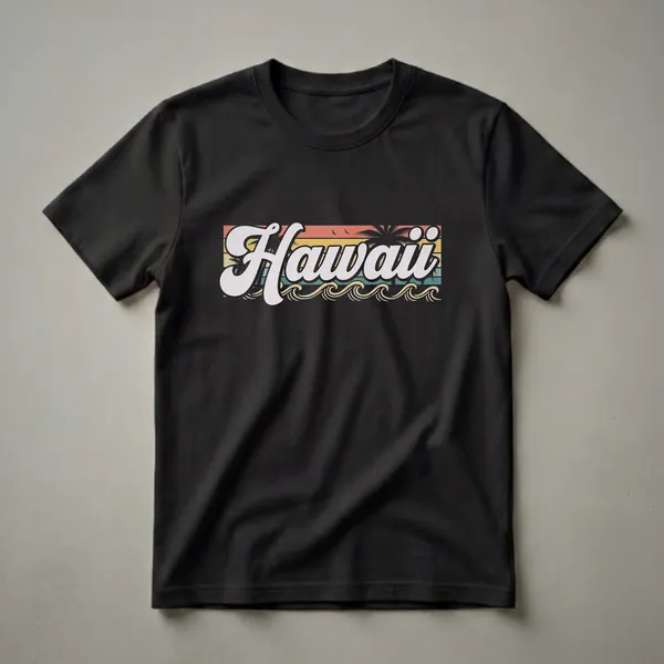 Black t-shirt featuring a retro Hawaii graphic with a sunset, palm trees, and ocean waves, with the word "Hawaii" in a script font.