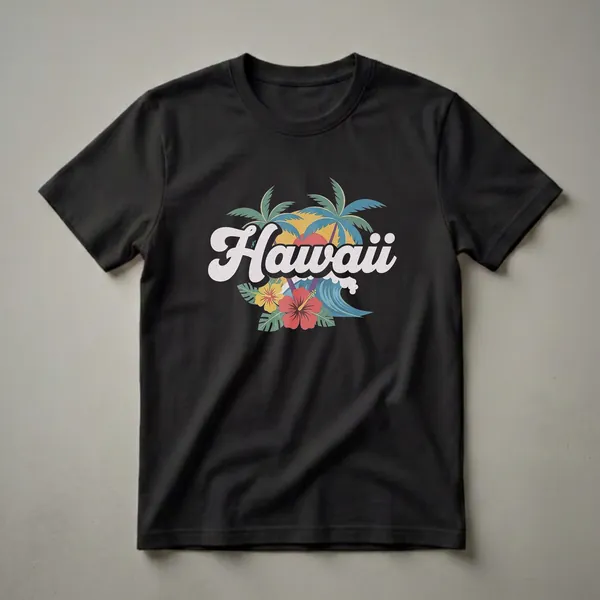 White retro script text "Hawaii" is centered on a graphic featuring a red and yellow hibiscus flower, green tropical leaves, palm trees, a setting sun, and a blue wave.