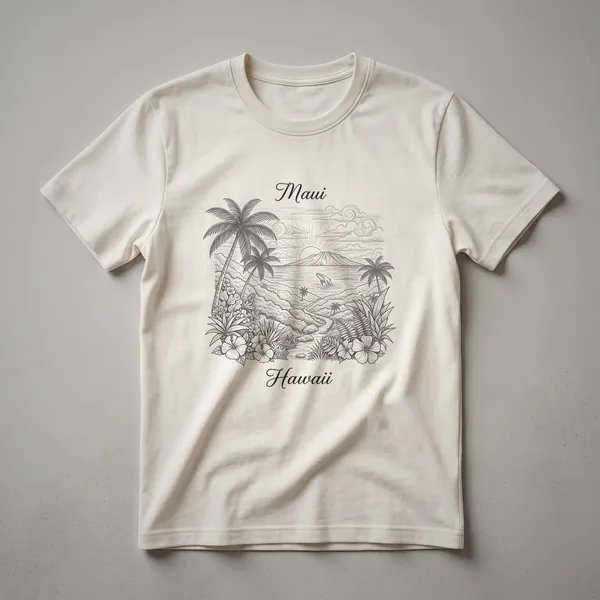 Black and white sketch art t-shirt featuring a Maui Hawaii landscape with palm trees, mountains, ocean, a breaching whale, and tropical flowers.