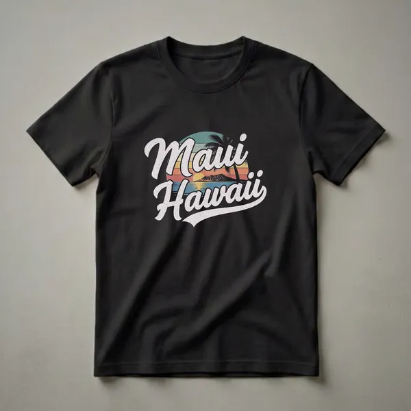 Black t-shirt with a retro graphic design featuring the words 'Maui Hawaii' in distressed white font over a sunset scene with a palm tree and mountains.