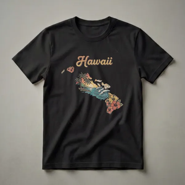 Black t-shirt featuring a retro graphic of the Hawaii islands map filled with a tropical beach scene, palm trees, sunset, waves, and hibiscus flowers.