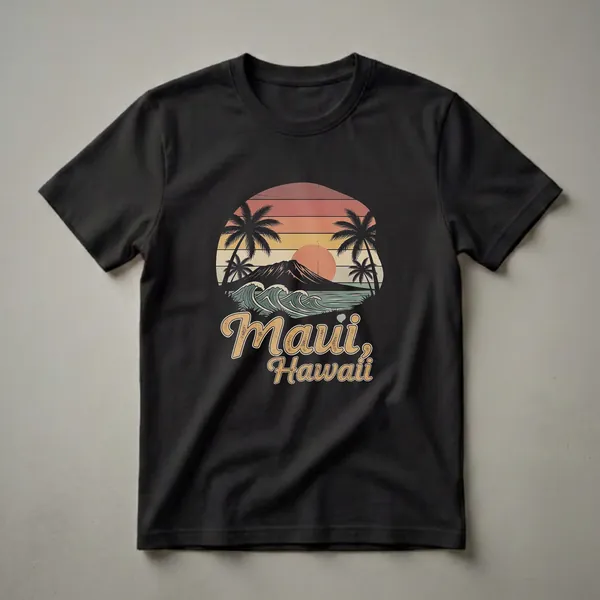 Black t-shirt featuring a retro graphic of a Maui, Hawaii sunset with palm trees, ocean waves, and a mountain silhouette, with the text 'Maui, Hawaii'.