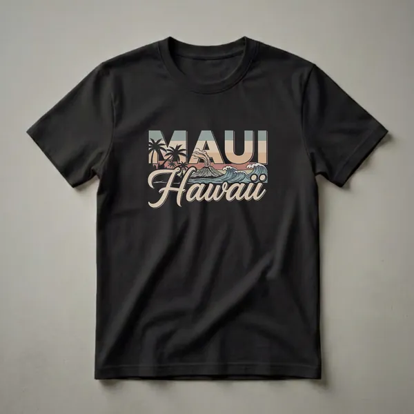 Black t-shirt with retro graphic art that says 'Maui Hawaii' with a volcano, palm trees, and crashing waves in muted colors.