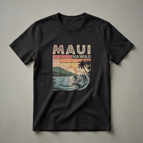 Black t-shirt featuring a retro graphic design of a surfer riding a wave at sunset in Maui, Hawaii, with palm trees and mountains.
