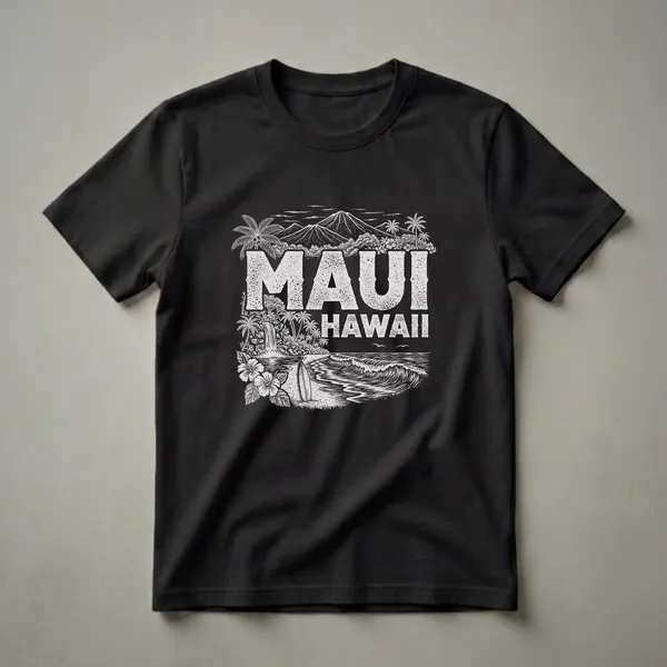 Black t-shirt with a vintage white graphic depicting a Maui Hawaii beach scene with mountains, palm trees, a waterfall, hibiscus flowers, a surfboard, and ocean waves.