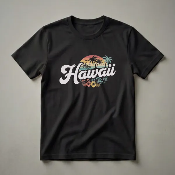Black t-shirt with a retro graphic featuring the word 'Hawaii' in large script, set against a sunset with palm trees, waves, and hibiscus flowers.