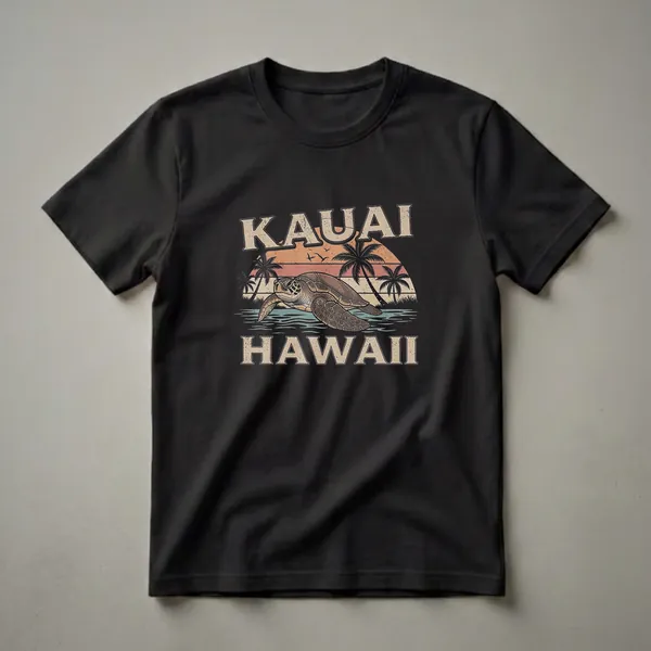 Black t-shirt featuring a retro graphic of a sea turtle swimming in the ocean with palm trees and a striped sunset, with the words KAUAI HAWAII.