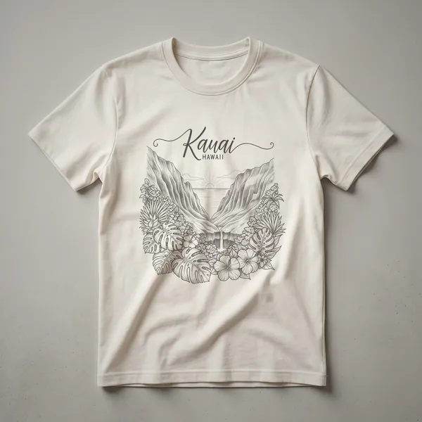 Black line art sketch on a dark shirt, depicting the mountains of Kauai, Hawaii, with a waterfall, tropical leaves, and hibiscus flowers, and the word Kauai.