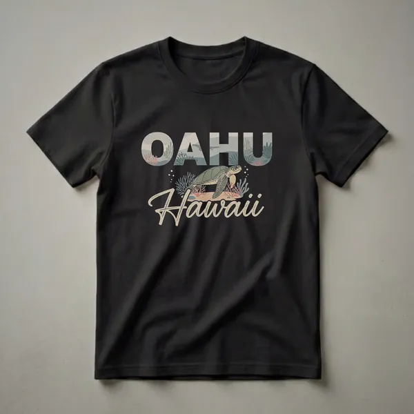 Black t-shirt featuring the word 'OAHU' in large, textured letters with underwater scenery, a sea turtle swimming, and the word 'Hawaii' in script below.