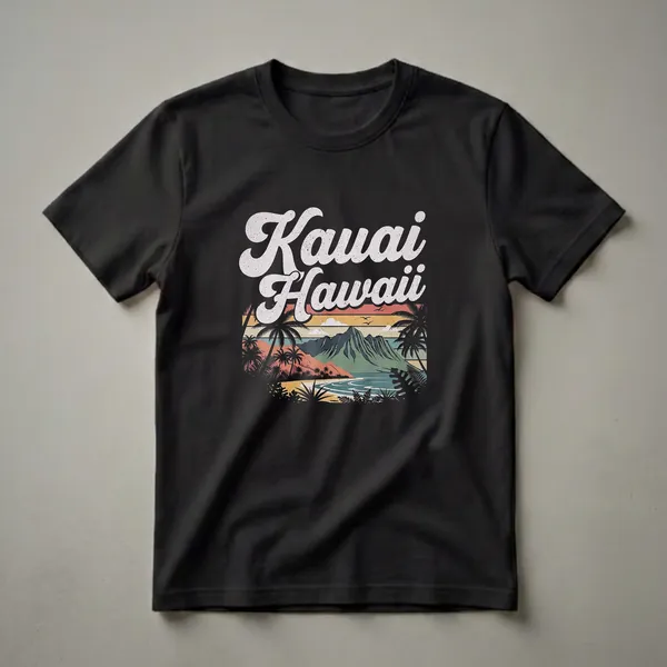 Black graphic t-shirt featuring the words 'Kauai Hawaii' above a retro sunset landscape with mountains, ocean, palm trees, and tropical foliage.