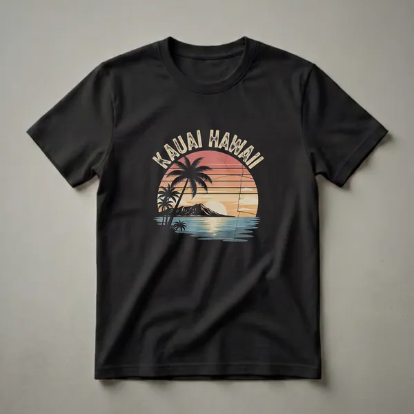 Black t-shirt featuring a retro sunset graphic with the words "Kauai Hawaii" at the top, palm trees, mountains, and ocean.