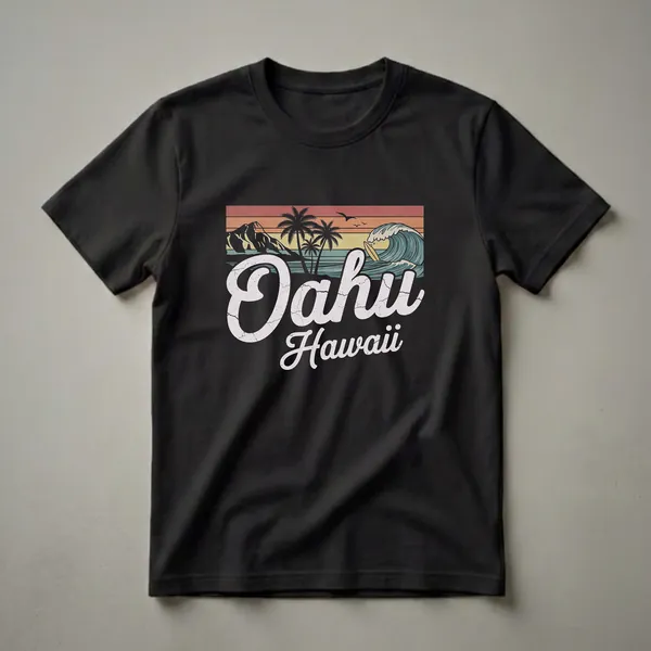 Black t-shirt with a retro graphic design of Oahu, Hawaii, featuring a sunset, mountains, palm trees, and a surfing wave with a surfboard.