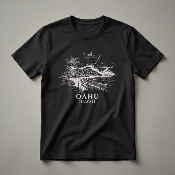 Black t-shirt with a vintage white drawing of an Oahu, Hawaii beach scene, showing Diamond Head mountain, palm trees, waves, and the text 'OAHU HAWAII'.