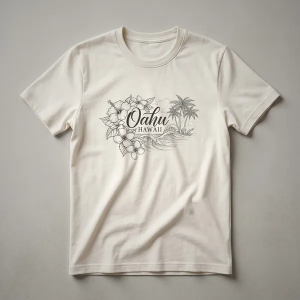 Black line art sketch on a t-shirt depicting Oahu Hawaii with hibiscus flowers, plumeria, crashing waves, and palm trees.