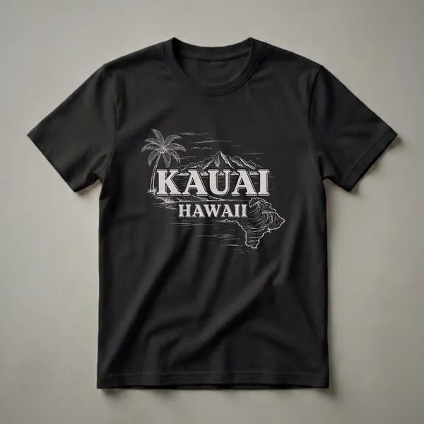 Black t-shirt featuring a vintage white and grey drawing of Kauai, Hawaii, with mountains, a palm tree, waves, and the words KAUAI HAWAII.