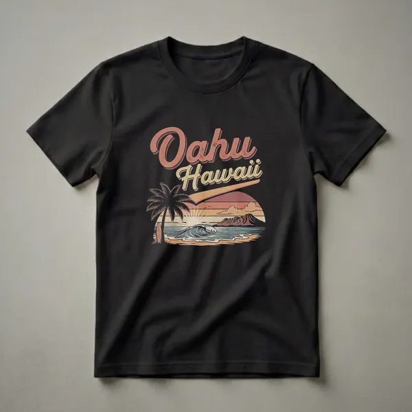Black t-shirt with a retro graphic design featuring the words 'Oahu Hawaii' in vintage lettering, a palm tree, surfboard, ocean wave, and mountains at sunset.