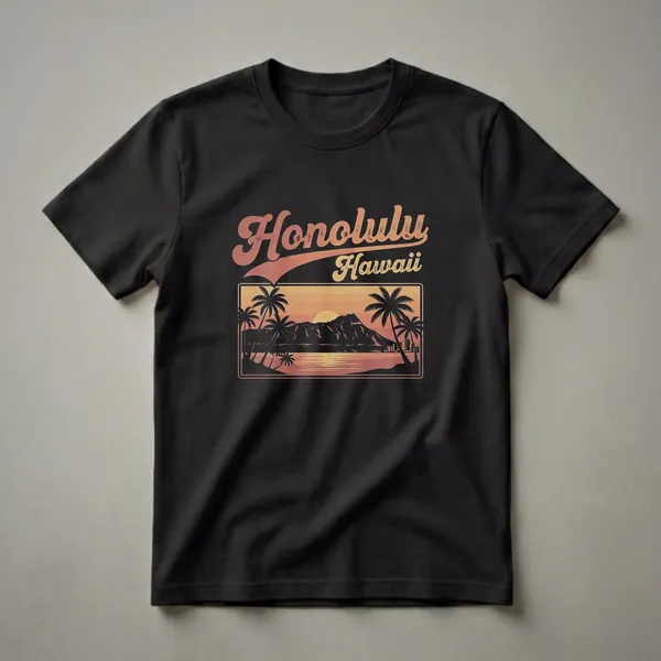 Black t-shirt featuring a retro graphic design of Honolulu, Hawaii, with Diamond Head mountain, palm trees, and a sunset over the ocean.