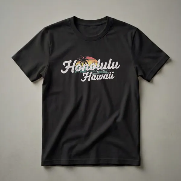 Black t-shirt featuring a retro graphic design with the words Honolulu and Hawaii, a palm tree, sunset, mountains, and a breaking wave.