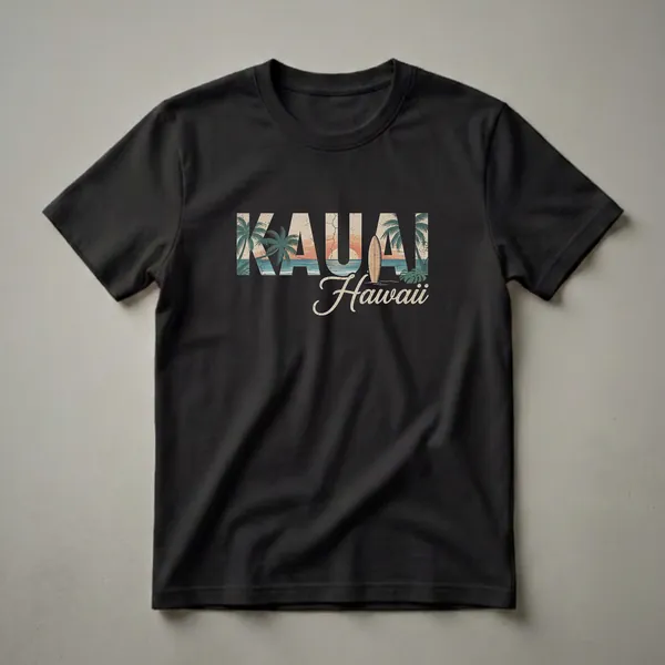 Black t-shirt featuring the word KAUAI in large retro font filled with a tropical sunset, palm trees, and a surfboard, with 'Hawaii' in script below.