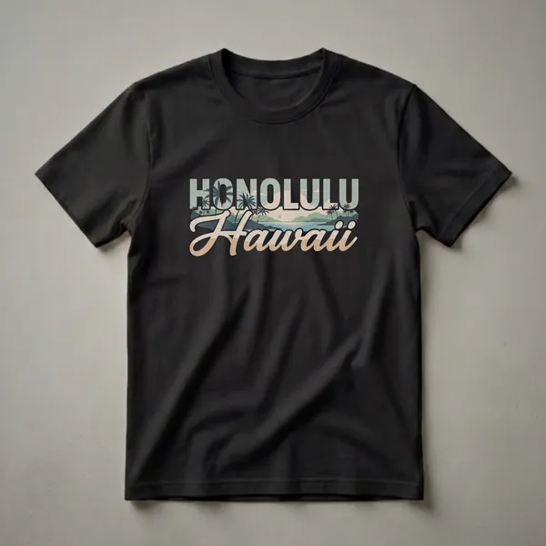 A graphic t-shirt design featuring the word Honolulu in large, textured letters, overlaid on a retro scene of palm trees, a beach, and rolling hills.