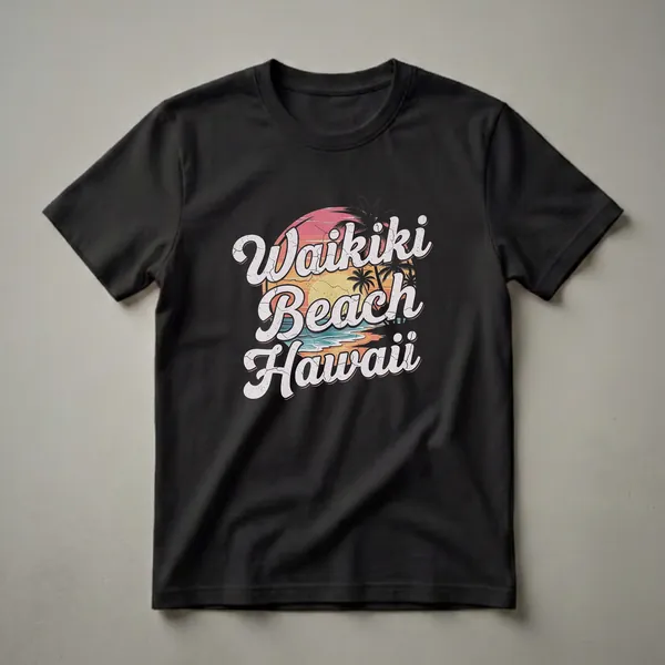 Black t-shirt with a retro graphic design that reads 'Waikiki Beach Hawaii' over a sunset scene with palm trees and ocean waves.