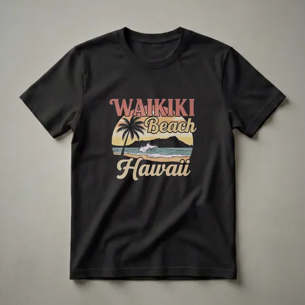 Black t-shirt featuring a retro graphic of Waikiki Beach at sunset, with a palm tree, crashing wave, and the words 'Waikiki Beach Hawaii'.