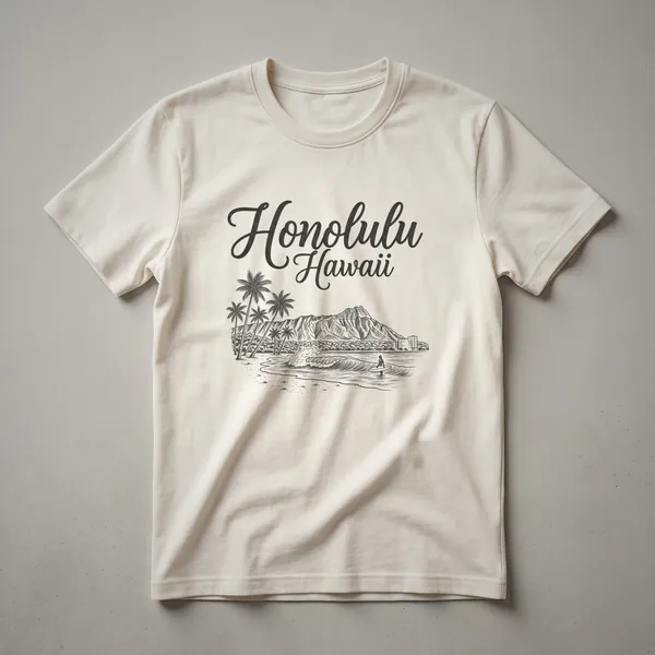 Black graphic t-shirt featuring a sketch of Honolulu, Hawaii, with Diamond Head, palm trees, a beach, and a surfer in the ocean.
