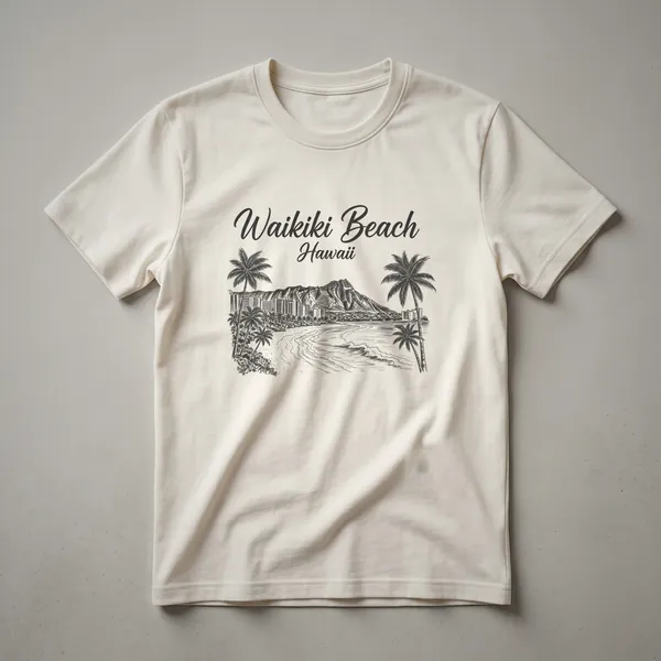 Black graphic t-shirt featuring a sketch of Waikiki Beach, Hawaii, with Diamond Head, palm trees, and buildings.