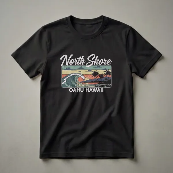Retro graphic t-shirt featuring a large ocean wave, sunset, palm trees, and text 'North Shore Oahu Hawaii'.