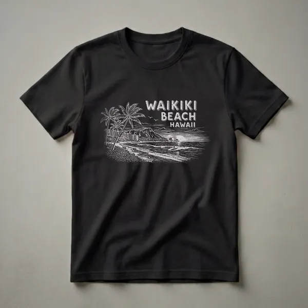 Black t-shirt with a vintage white line drawing of Waikiki Beach, Hawaii, featuring palm trees, buildings, Diamond Head, and a surfer on a wave.