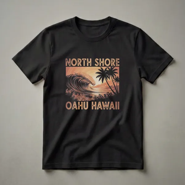 Black t-shirt with a retro graphic design of a large ocean wave crashing, palm trees, and coral in sunset colors, with 'NORTH SHORE OAHU HAWAII' text.