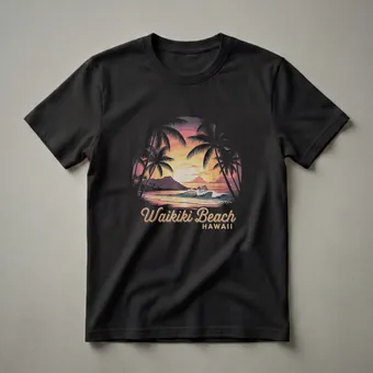 Retro Waikiki Beach Sunset Graphic T-Shirt for Hawaii Lovers