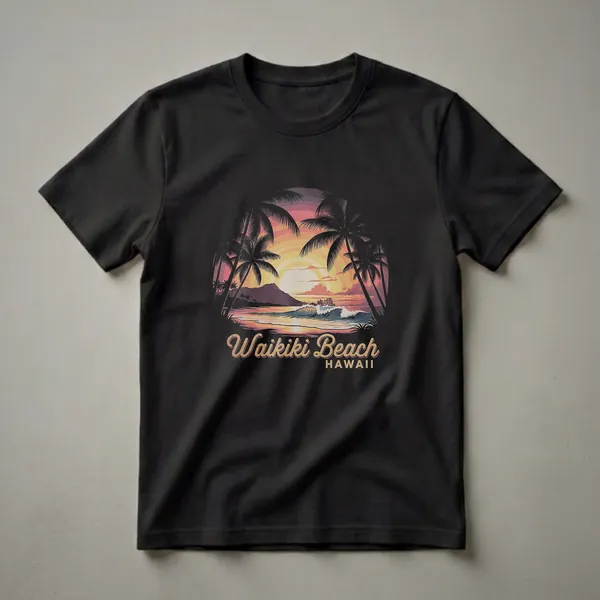 Black t-shirt featuring a retro graphic of a Hawaiian sunset over Waikiki Beach, with palm trees, Diamond Head, a cityscape, and crashing waves.