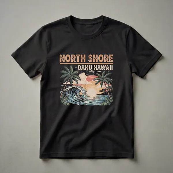 Black t-shirt featuring a retro graphic of a surfer riding a wave on the North Shore of Oahu, Hawaii, at sunset with palm trees.