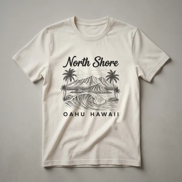 Black graphic t-shirt featuring a sketch of a surfer riding a large wave on Oahu's North Shore, with palm trees and mountains in the background.