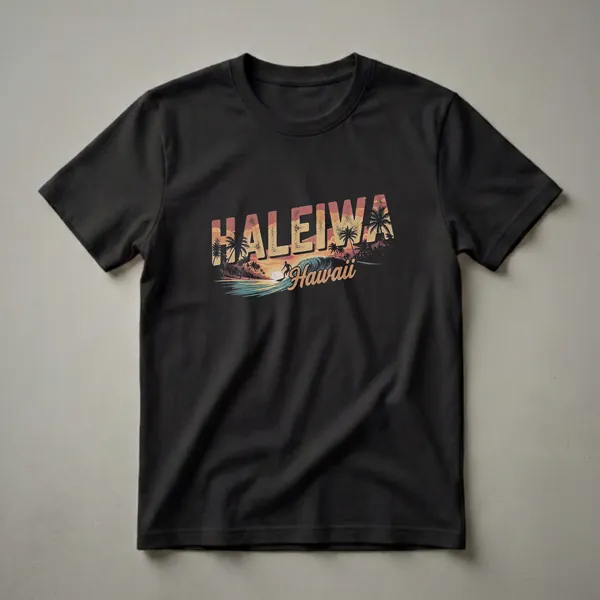 Black t-shirt with a retro graphic design of 'HALEIWA HAWAII' featuring a sunset, palm trees, and a surfer on a wave.