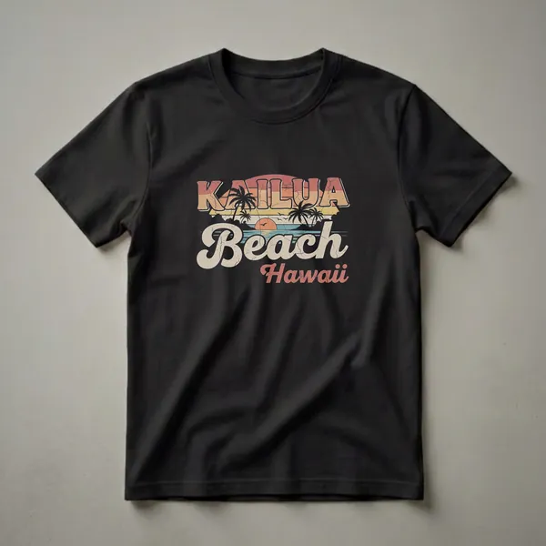 Black t-shirt featuring a retro graphic design of Kailua Beach, Hawaii, with a sunset, palm trees, and distressed lettering.