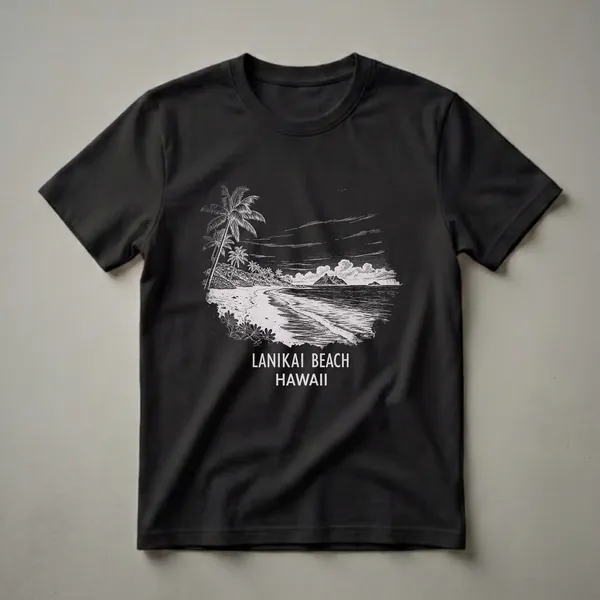 Black t-shirt with a vintage white line drawing of Lanikai Beach, Hawaii, featuring palm trees, a sandy shore, ocean waves, and distant mountains.